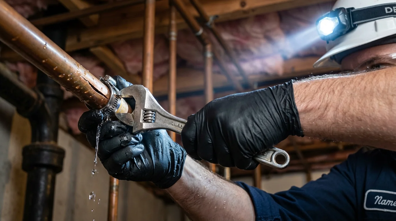 Emergency pipe clamp repair being performed by a Johns Plumbing LLC plumber in Glendale