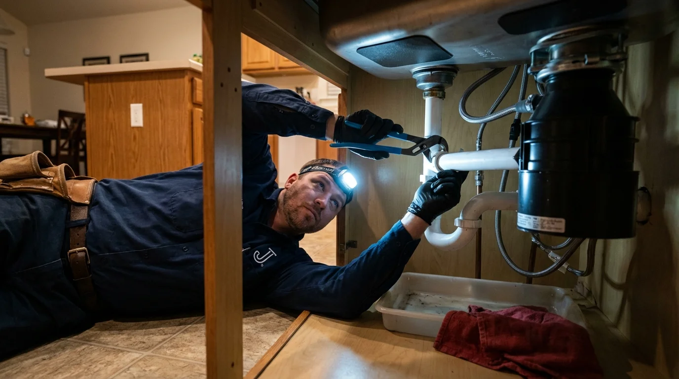 P-trap and supply line connections under a kitchen sink showing a common leak point in Glendale, AZ